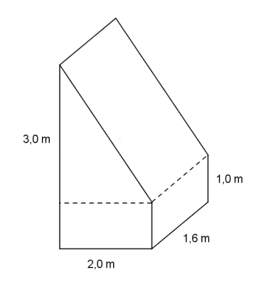 Figuren består av et rett, trekantet prisme oppå et rett, frikantet prisme. Det firkantede prismet har lengdene 2,0 m og 1,6 m i grunnflata, mens høyden er på 1,0 m. Det trekantede prismet er plassert slik at den ene rektangulære siden er lik toppsiden i det firkantede prismet. Trekanten som prismet er bygget opp av er rettvinklet, og den ene kateten sammenfaller med siden på 2,0 m i det firkantede prismet. Den andre kateten har lengde 3,0 m.
